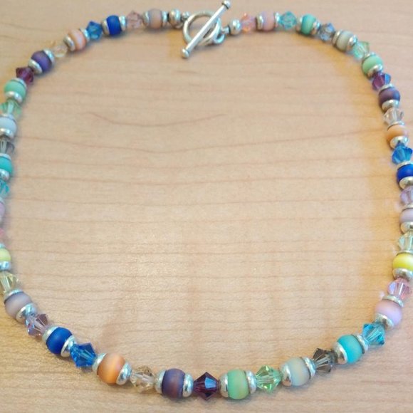 Sterling Silver Necklace with Multi Color Cats Eye Like & Glass Beads - Picture 2 of 6